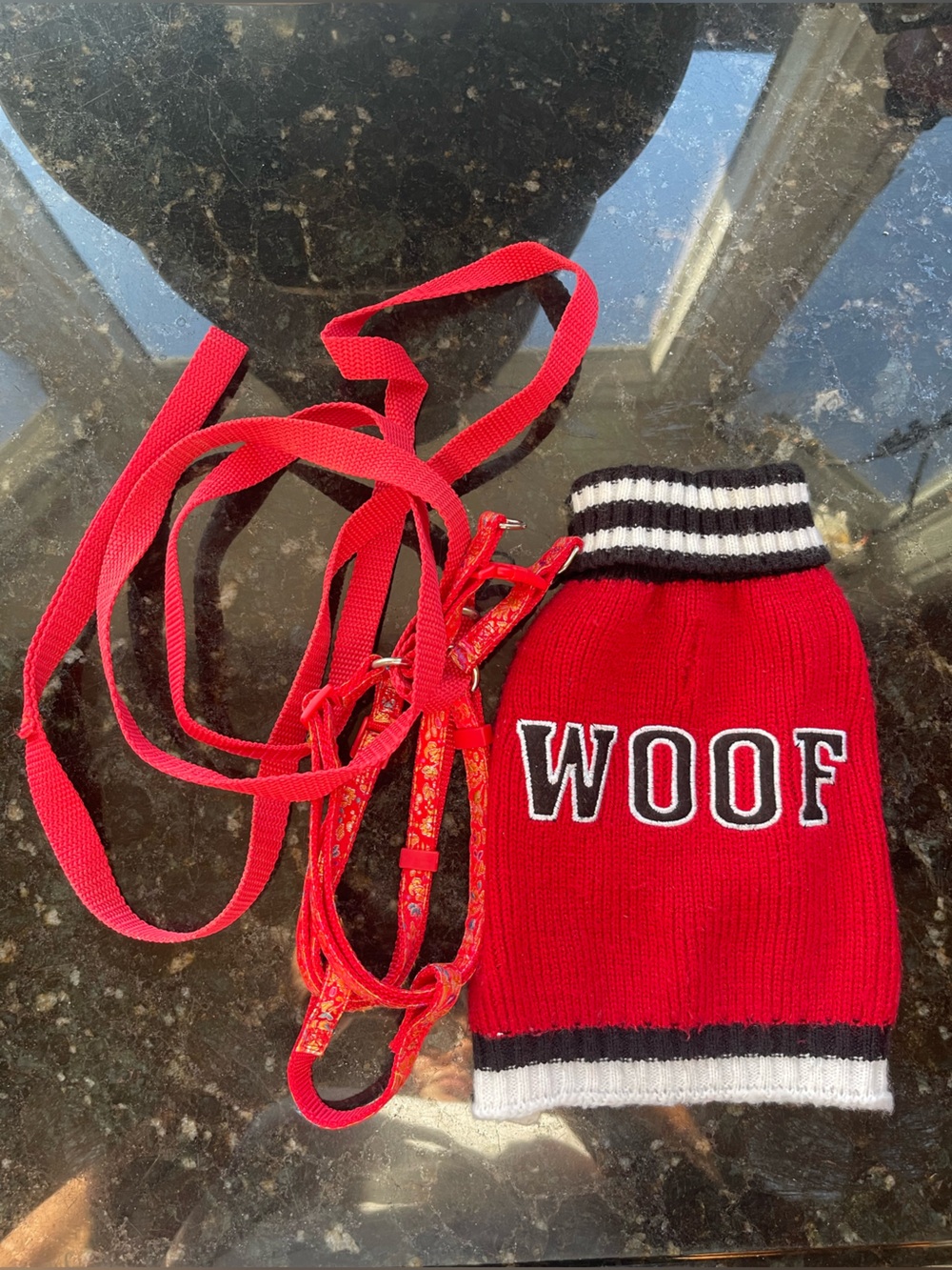 Red 'WOOF' Knit Dog Sweater with Matching Red Leash & Harness For Small Dog 6lbs